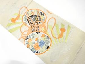 アンティーク　扇に鼓・花模様織り出し丸帯（材料）